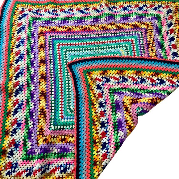 Handcrafted Bright Neon Multicolored Granny Square Crochet Blanket 63" x 57" - Picture 3 of 3